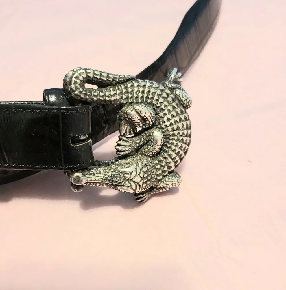 RARE! Barry Kieselstein-Cord Art SS Alligator Buckle & Belt Black Sz 38 Unisex